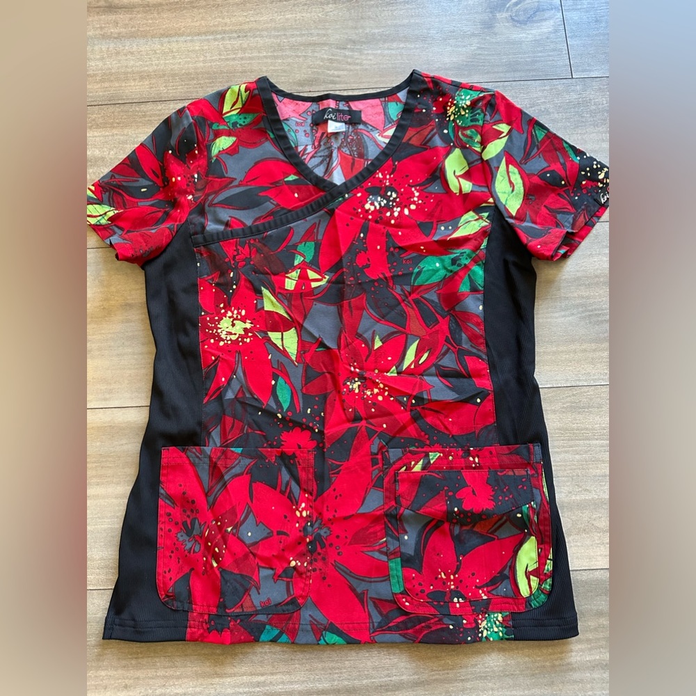 Koi Christmas poinsettias scrub top